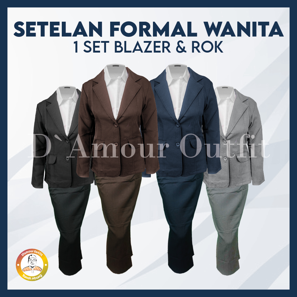 One Set Setelan Jas Blazer Rok Span Belah Panjang Wanita Stelan Jas Kerja Kantor Cewe Polos Dewasa Anak Jaket Blezer Kancing 2 Cewek Pakaian Formal Kantoran Dasar Hitam Celana Pendek Line a Mini Rempel Jumbo Big Size Cardigan Kain Outer Perempuan Korea