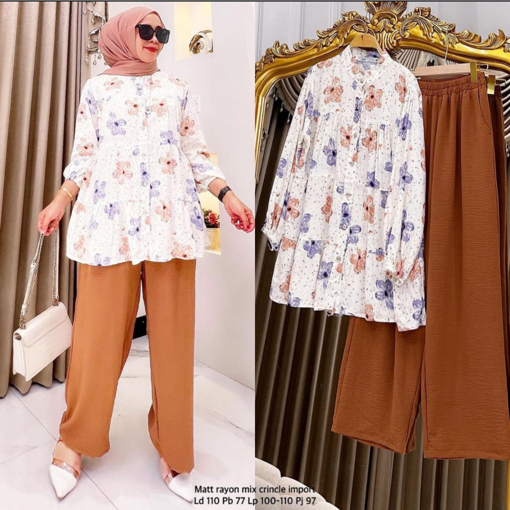ONE SET WANITA / setelan cringkel motif /  SETELAN SAKURA / one set wanita terbaru/ set daisy / ONE SET MOTIF BUNGA