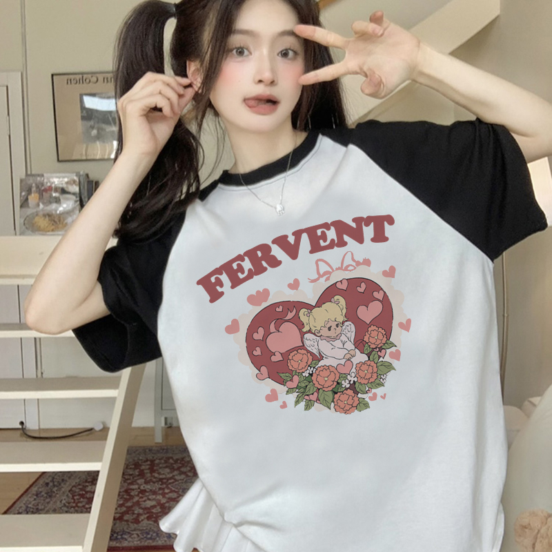 Print T-shirt Kaos Lengan Pendek Cartoon Fervent Heart Angle Oversize Atasan Wanita Korean Style
