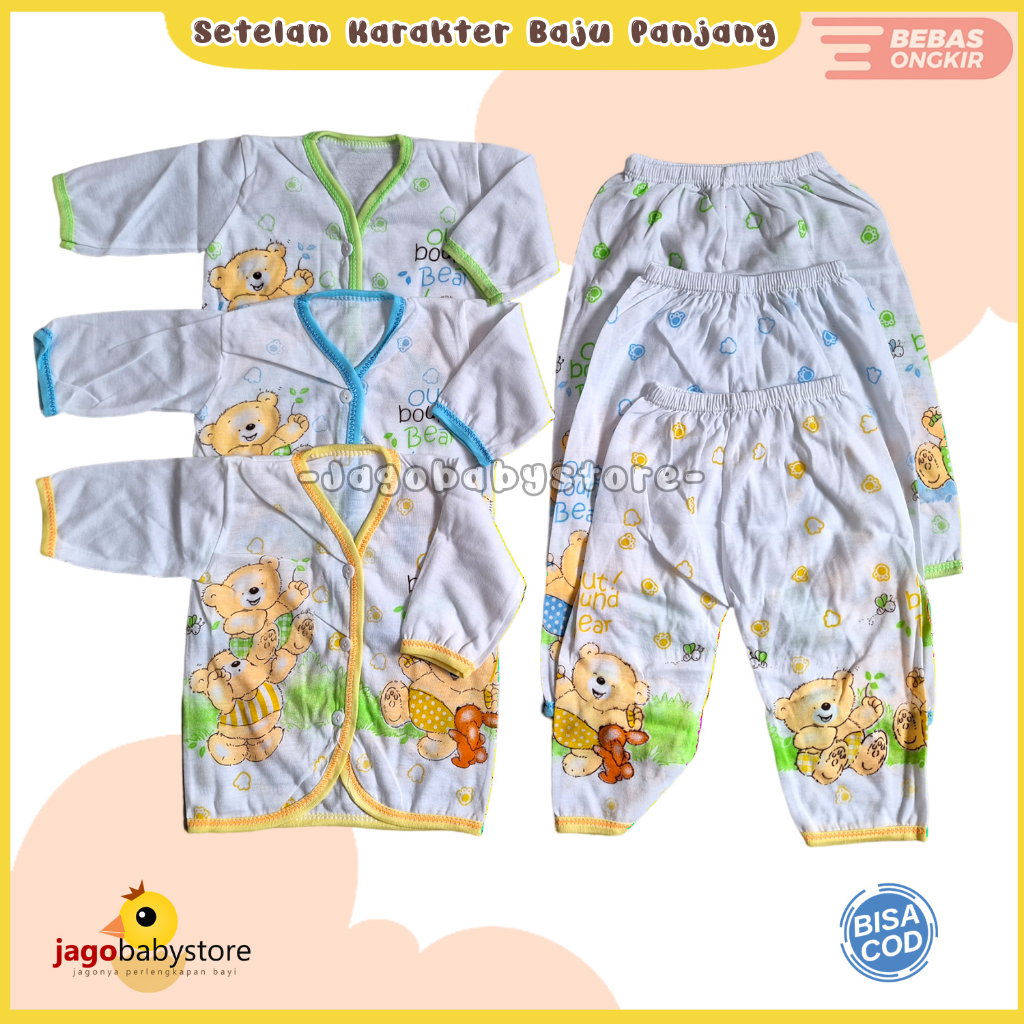 3 Setel Baju Lengan Panjang Dan Celana Panjang Bayi Karakter