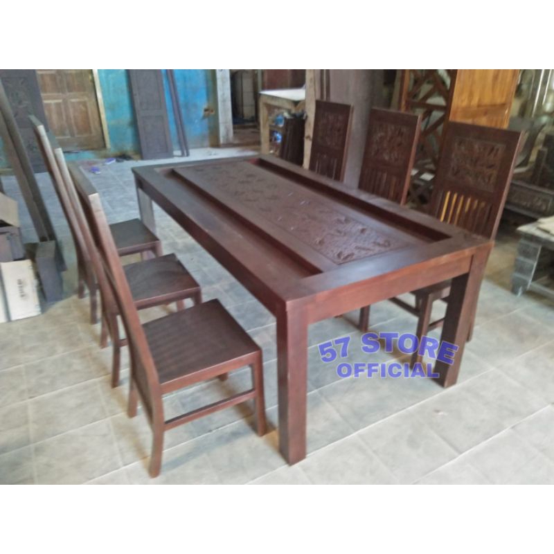 Set Meja Makan/ Kursi Makan Keluarga Panjang Ukir - 1 Meja + 6 Kursi Kayu Jati Jepara