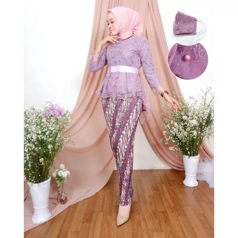 SETELAN KEBAYA AURORA TILLE + ROK PLISKET BATIK DEWASA PANJANG / BAJU KEBAYA WANITA MUSLIM MODERN / 
