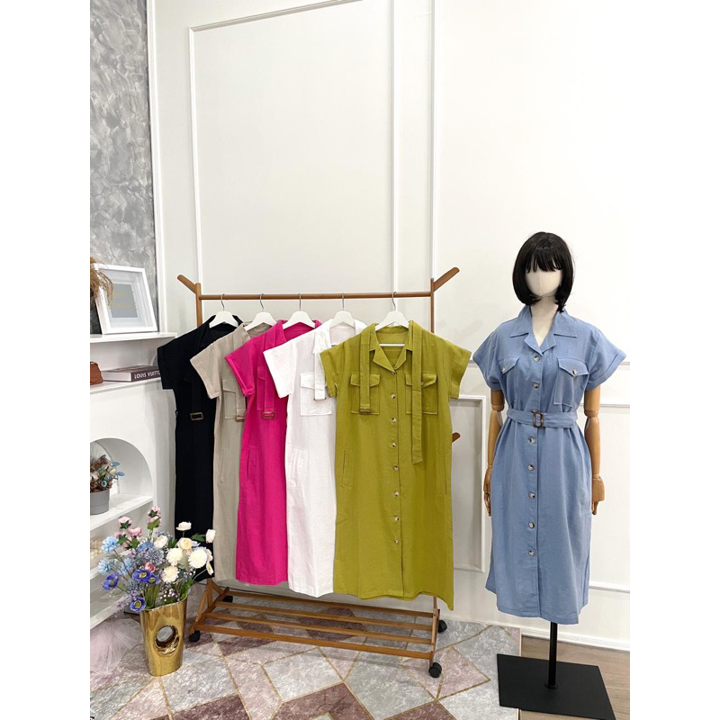 Falisha Belt Dress Linen Korea Premium | Dress Lembut Kancing stylish