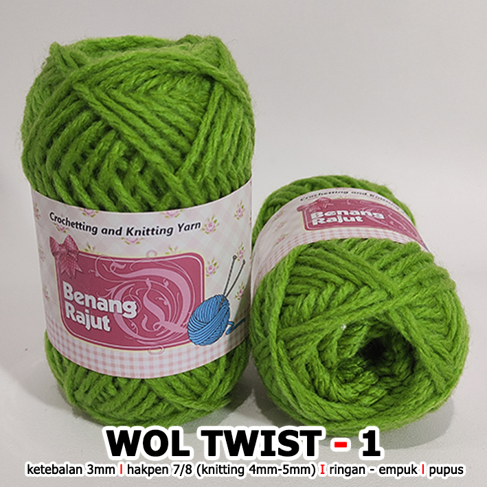 BENANG RAJUT 3mm WOL TWIST 1 HIJAU PUPUS