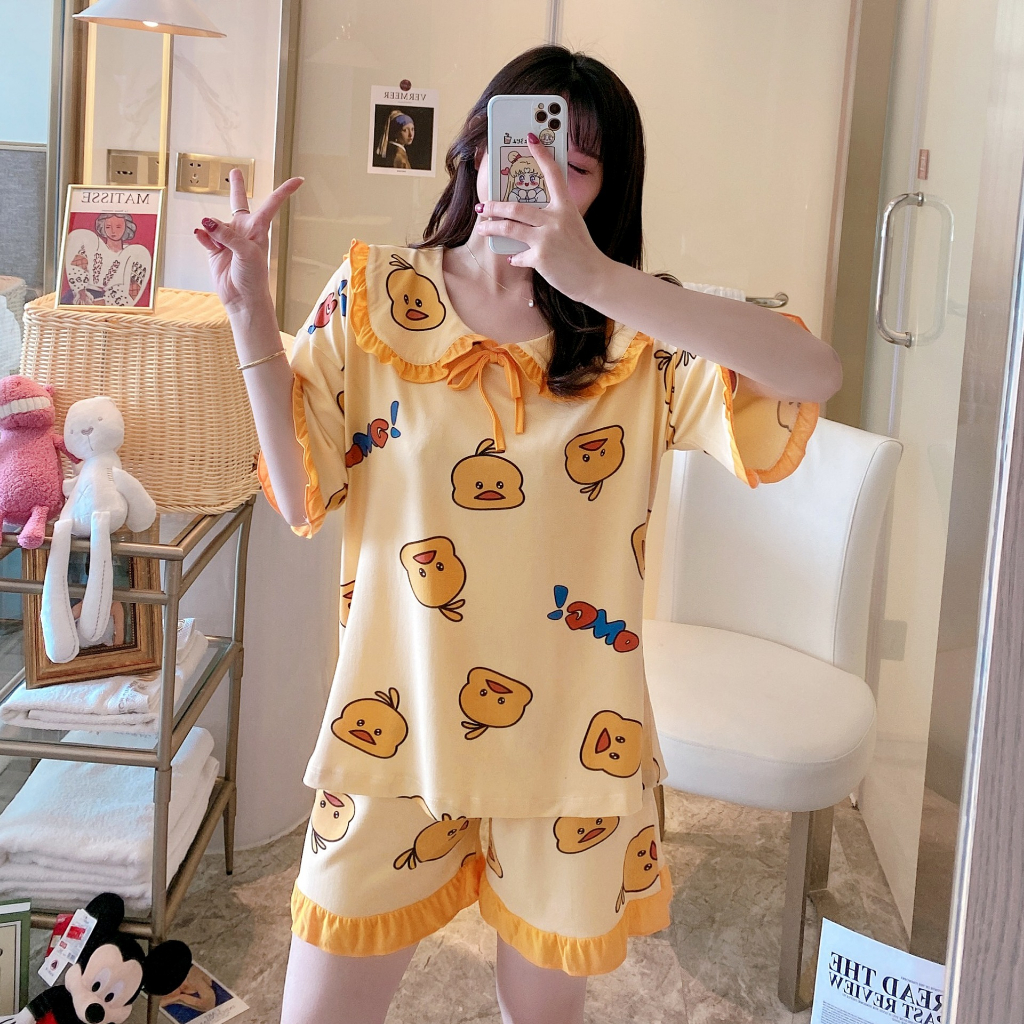 JC1001 Baju Tidur Wanita Piyama Set Pendek Best Seller Bear Mickey