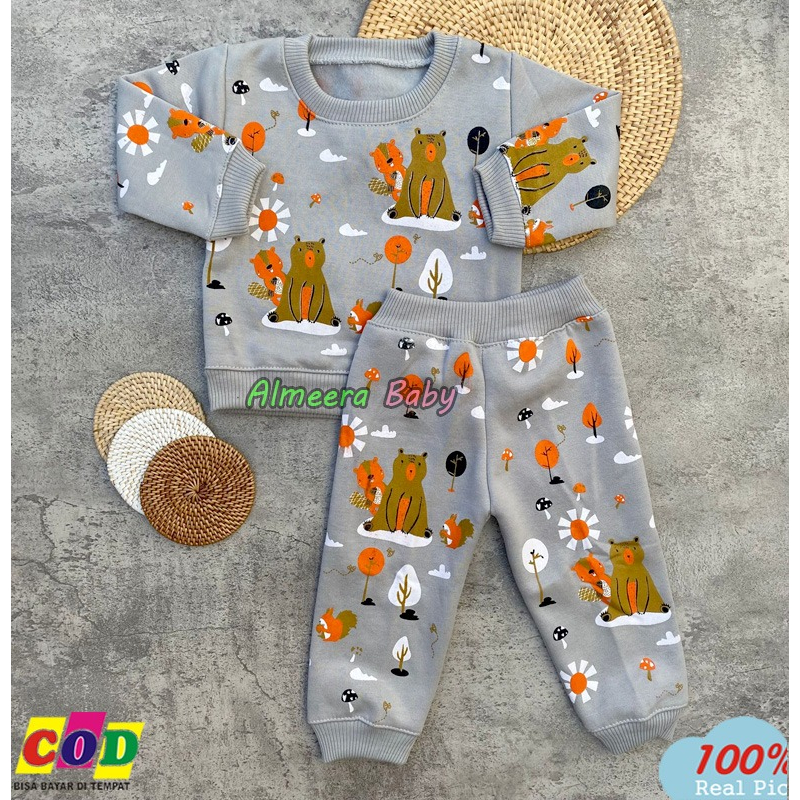 Setelan Baju Bayi Setelan Sweater Celana Joger Bahan Katun Fleece Motif Bear Tupai Usia 3-12 Bulan Almeera Baby