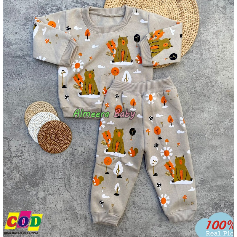 Setelan Baju Bayi Setelan Sweater Celana Joger Bahan Katun Fleece Motif Bear Tupai Usia 3-12 Bulan Almeera Baby