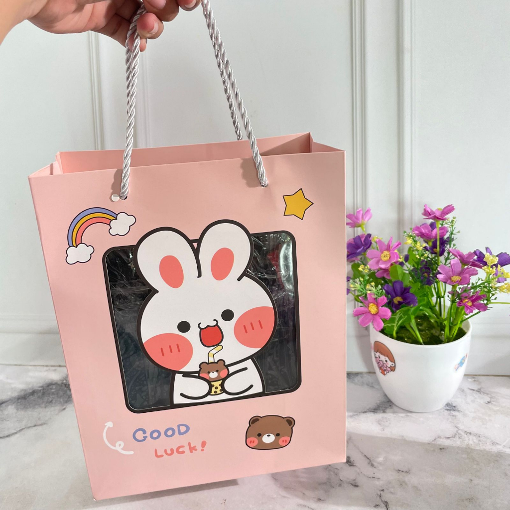 Paper bag Teddy Bear &amp; Rabbit Cute Lucu ukuran 22x15x7 CM Harga Murah / Paperbag Kantong Hampers Bag Tali motif Beruang dan Bunny IMUT bisa Grosir dan COD Best Quality