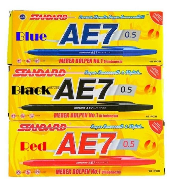 

Pena Tulis STANDARD AE7 0.5mm Black, Blue, Red Per Pak Isi (12 Pcs) - All Varian Warna