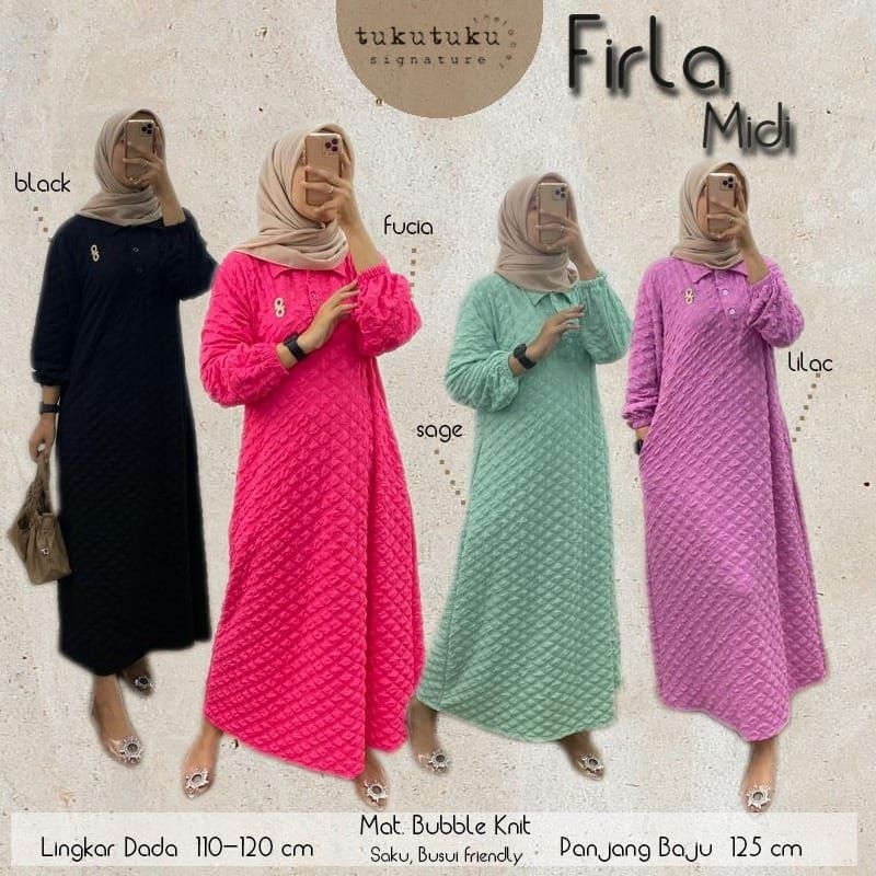 Firla Midi Dress Maxy Gamis Polos Hitam Fuchia Lilac Buble Knit Ld 110-120 Jumbo Fit XXL By TukuTuku