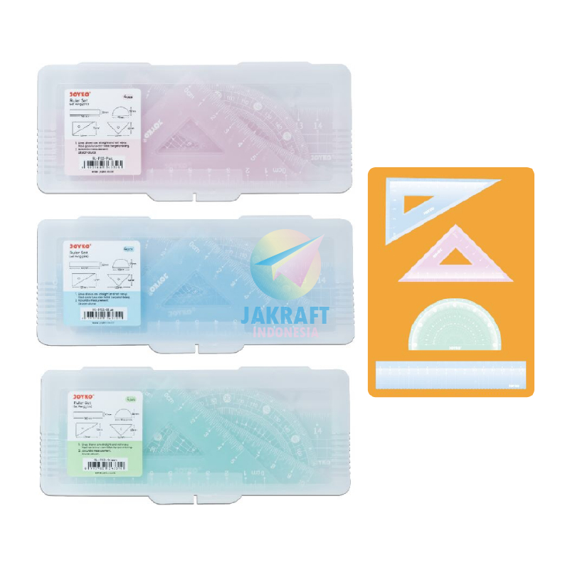 

(4 Pcs) Paket Penggaris Matematika Busur Siku Mistar JOYKO RL-PS3 Math Set Ruler Tebal Bening Warna Warni
