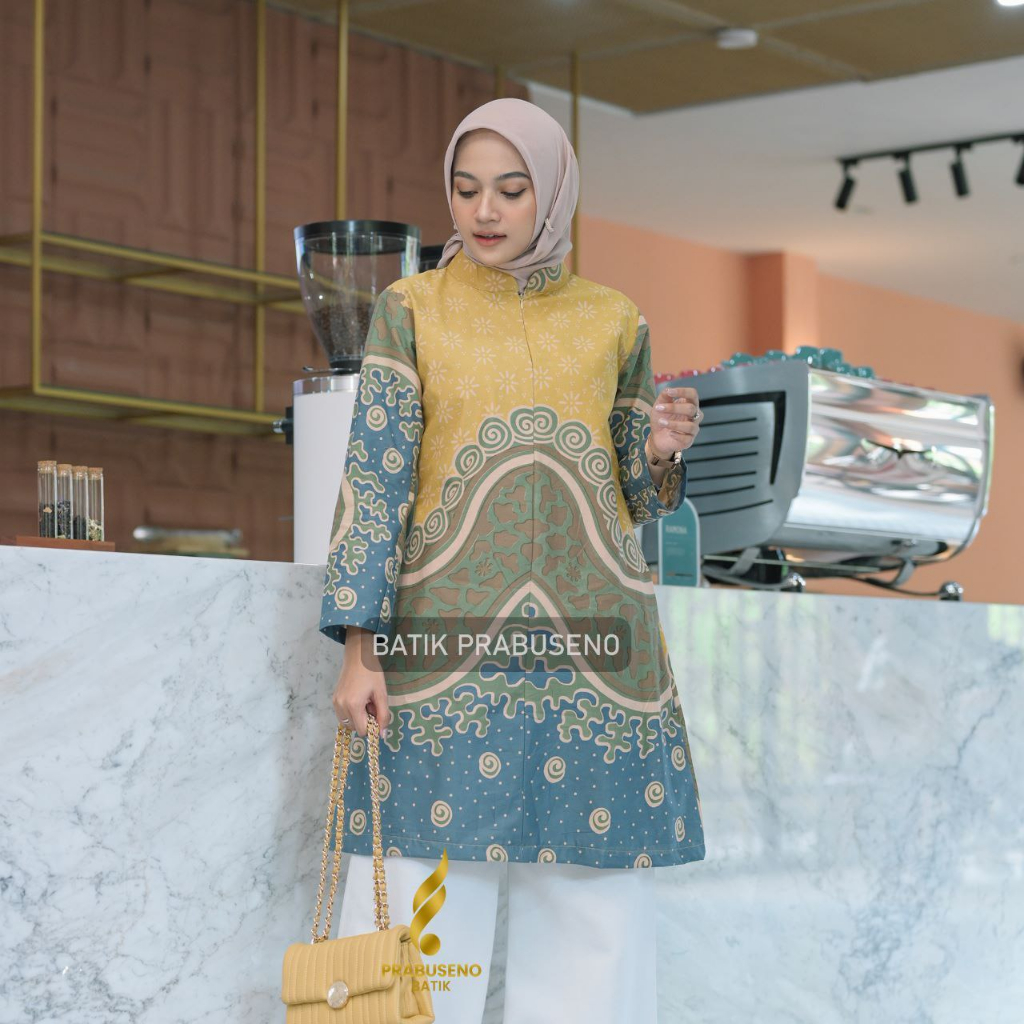 Marwa Biru Batik Prabuseno Tunik Batik Katun Wanita Seragam Batik Wanita Kantoran Batik Modern Baju 