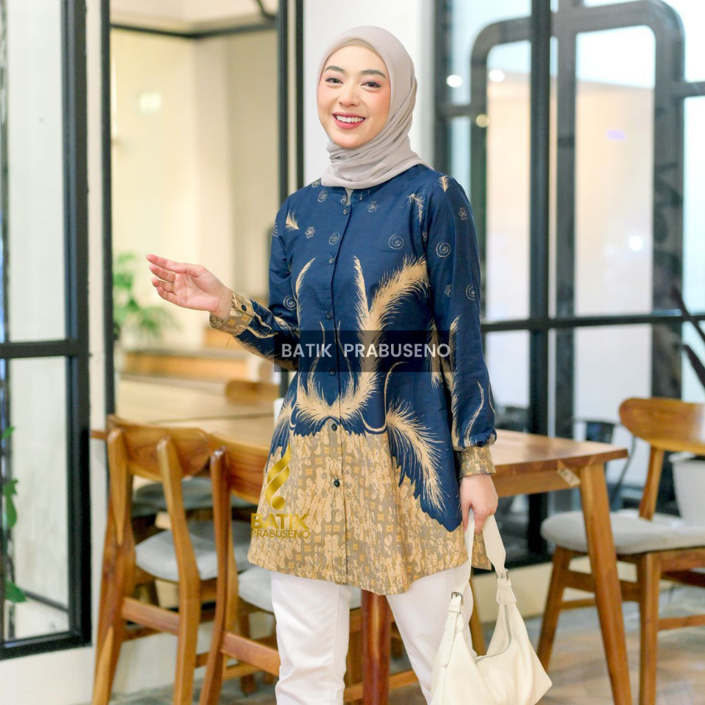 Tarella Biru Batik Prabuseno Tunik Batik Katun Wanita Seragam Batik Wanita Kantoran Batik Modern Baj