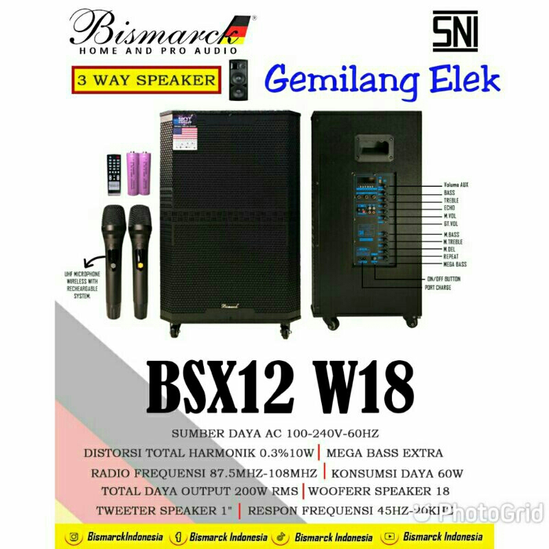 Speaker Portable Wireless BISMARCK BSX12W18 ( 18 inch)  Original