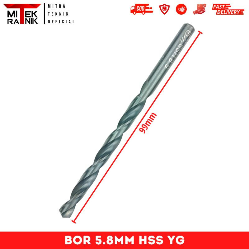 Mata Bor 5.8mm Panjang 99mm Bor Besi HSS Twist Drill YG