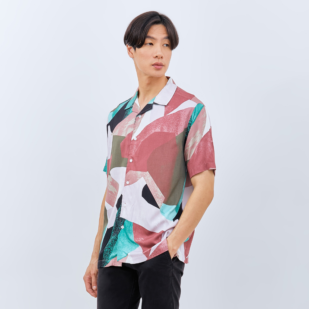 M231 Kemeja Pria Printing Hawaii Pendek Maroon 3081A