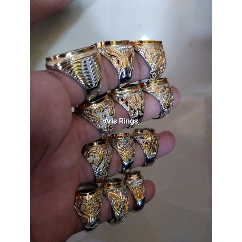10Pcs Ring Emban Akik Alpaka Kombinasi / Crom Krum Gold.