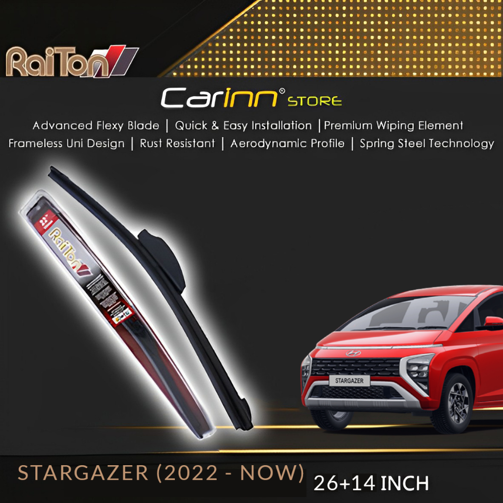 Raiton Sepasang Wiper Frameless Full Karet Kaca Depan Hyundai Stargazer 2022-On 26" & 14" -2 Buah