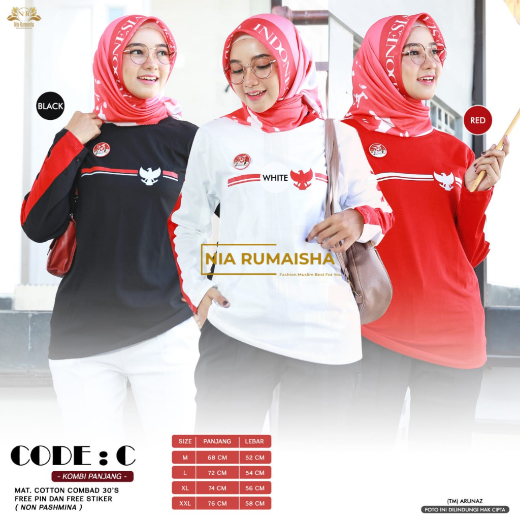 Kaos Tunik Cewek Merah Putih Kemerdekaan Indonesia 78 Tahun Lengan Panjang Logo Garuda