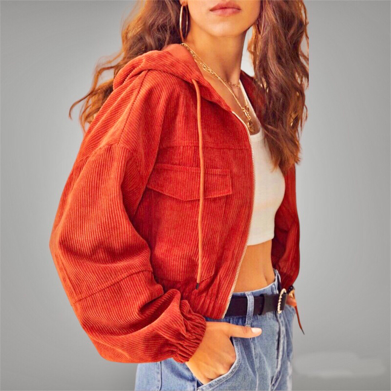 Orange | Jaket Wanita Vintage Jacket Corduroy Hight Waist Cropped Hooded Top | Jaket Korduroi Hoodie