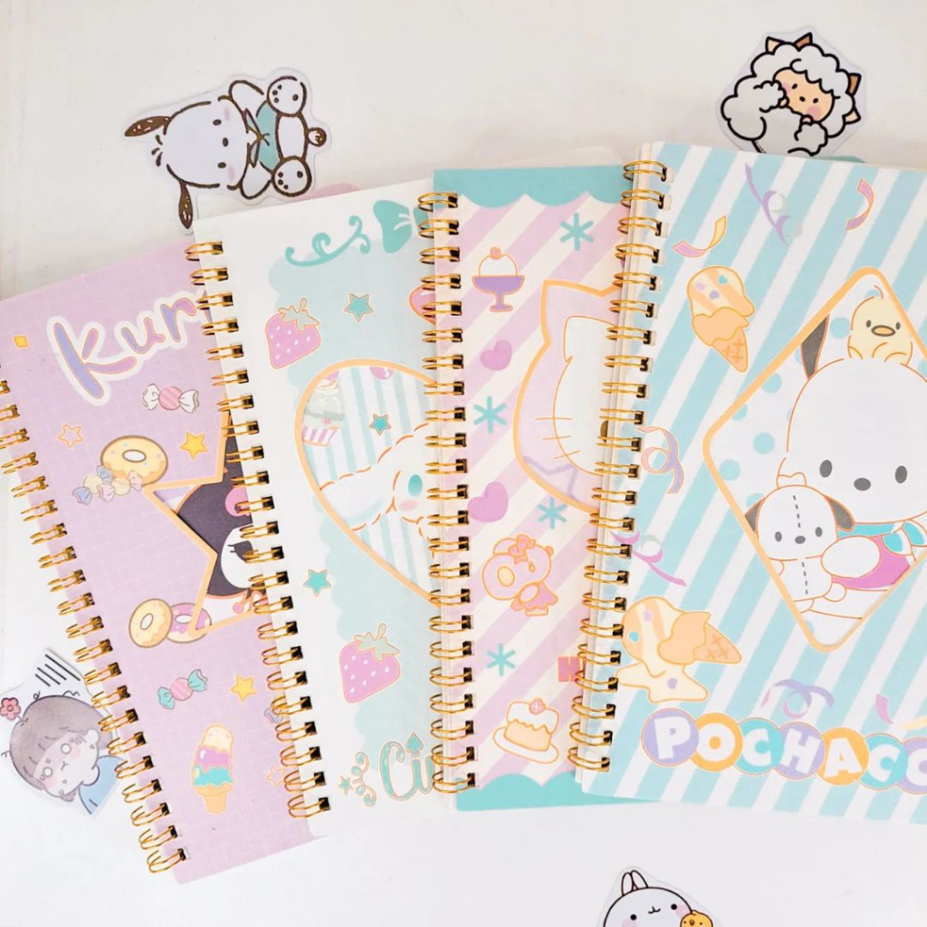 

Notebook Sanrio Ring Gold Spiral Kuromi Cinnamoroll Hello Kitty Pochacco Pompompurin My Melody Lina Bell Buku Catatan Diary A5