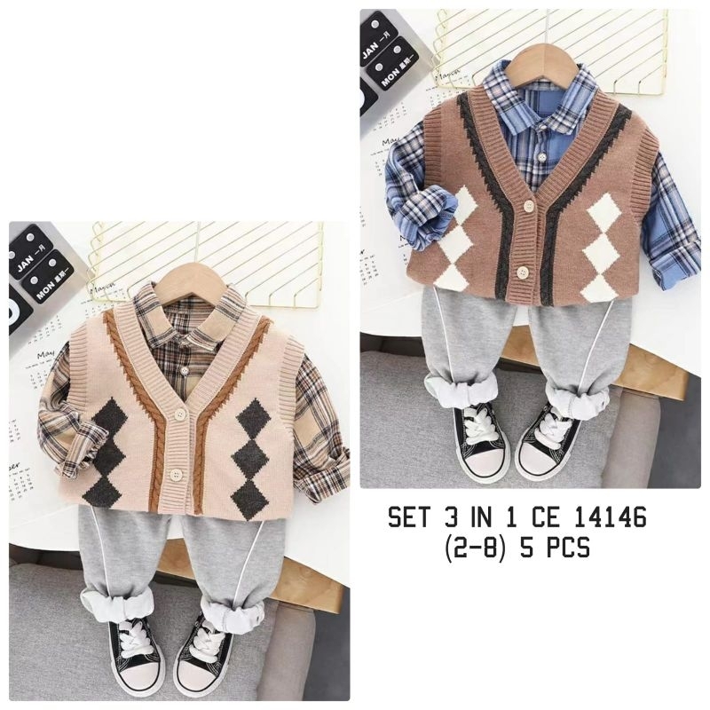 Baju anak laki laki/ setelan anak laki laki / Set 3in1 rompi rajut 2-6th