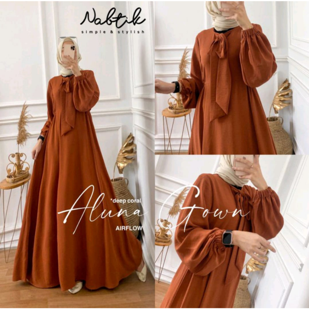 Gamis Aluna Crinkle Airflow/Dress Crinkle Busui Lengan Balon/Aluna dress trendy busui friendly