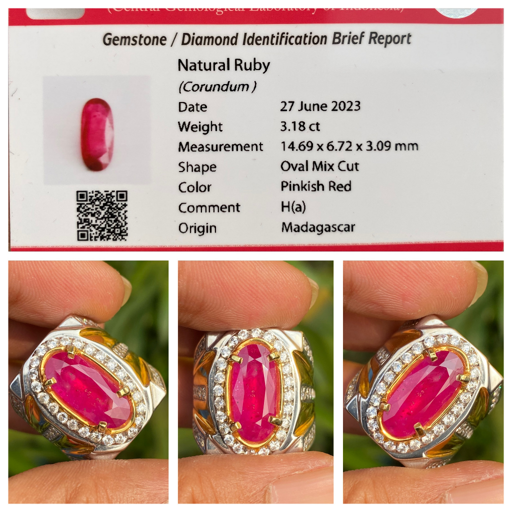 Natural 3.18ct Pinkish Red Ruby Ha madagascar Ring Perak