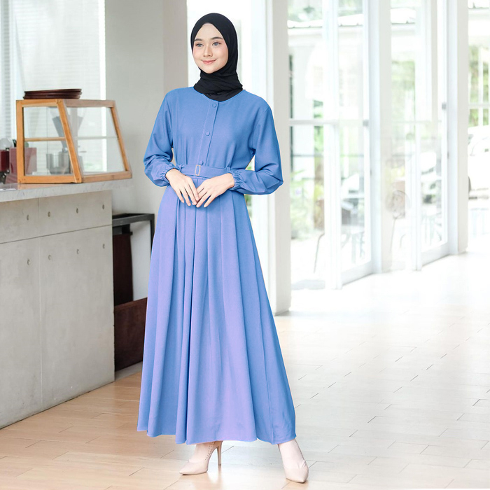 Gamis Monna Dress Sandira Belt Busui Friendly Syar'i Muslimah Jumbo Terbaru Shakila Premium Gamis Polos-DENIM