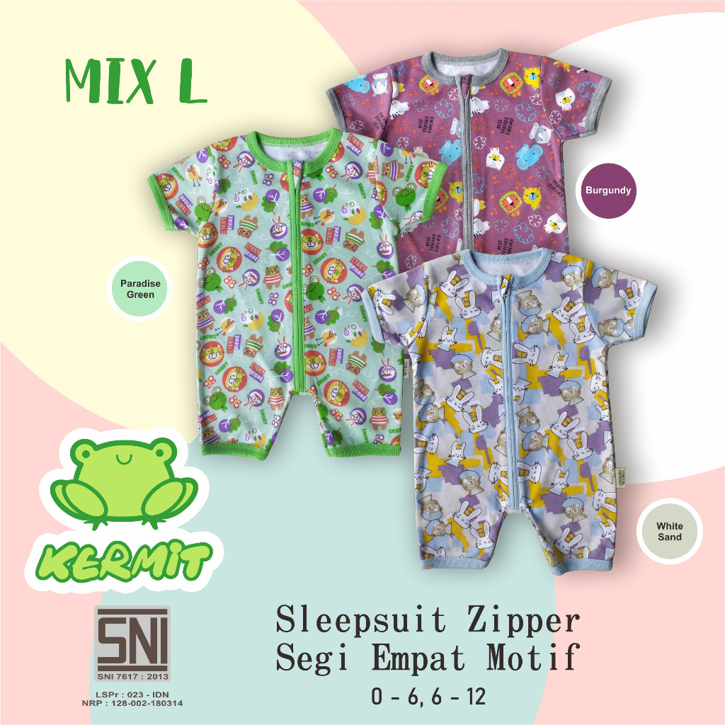 BABY KERMIT - Sleepsuit Baju Kodok Pendek Bayi 0-12 Bulan Motif Premium SNI / Jumper Zipper Baby