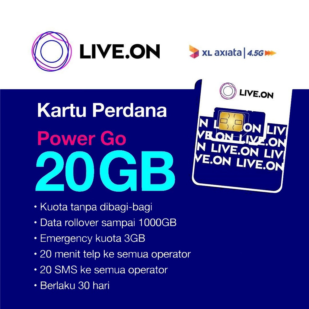 KARTU PERDANA LIVE ON 20 GB BY XL AXIATA POWER GO KUOTA INTERNET JARINGAN 4.5G PILIH NOMOR MU SENDIR