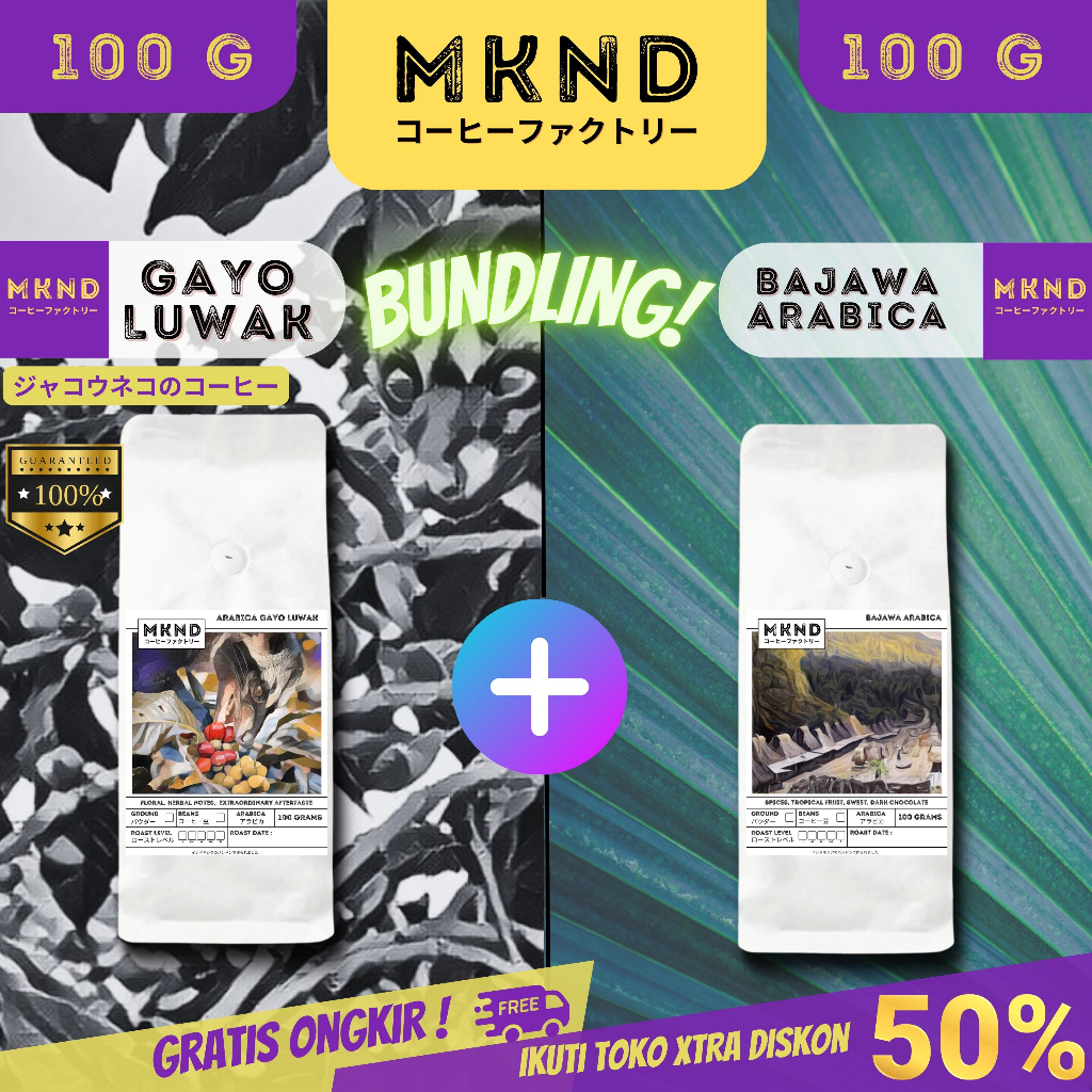 

MKND® BUNDLING HEMAT 2X100 KOPI ARABIKA ACEH GAYO LUWAK LIAR + KOPI ARABIKA BAJAWA GRADE 1 SINGLE ORIGIN PROMO DISCON | BIJI BUBUK | SINGLE ORIGIN | PREMIUM COFFE | ROASTED BEANS | MANUAL BREW | COFFE ROASTERY