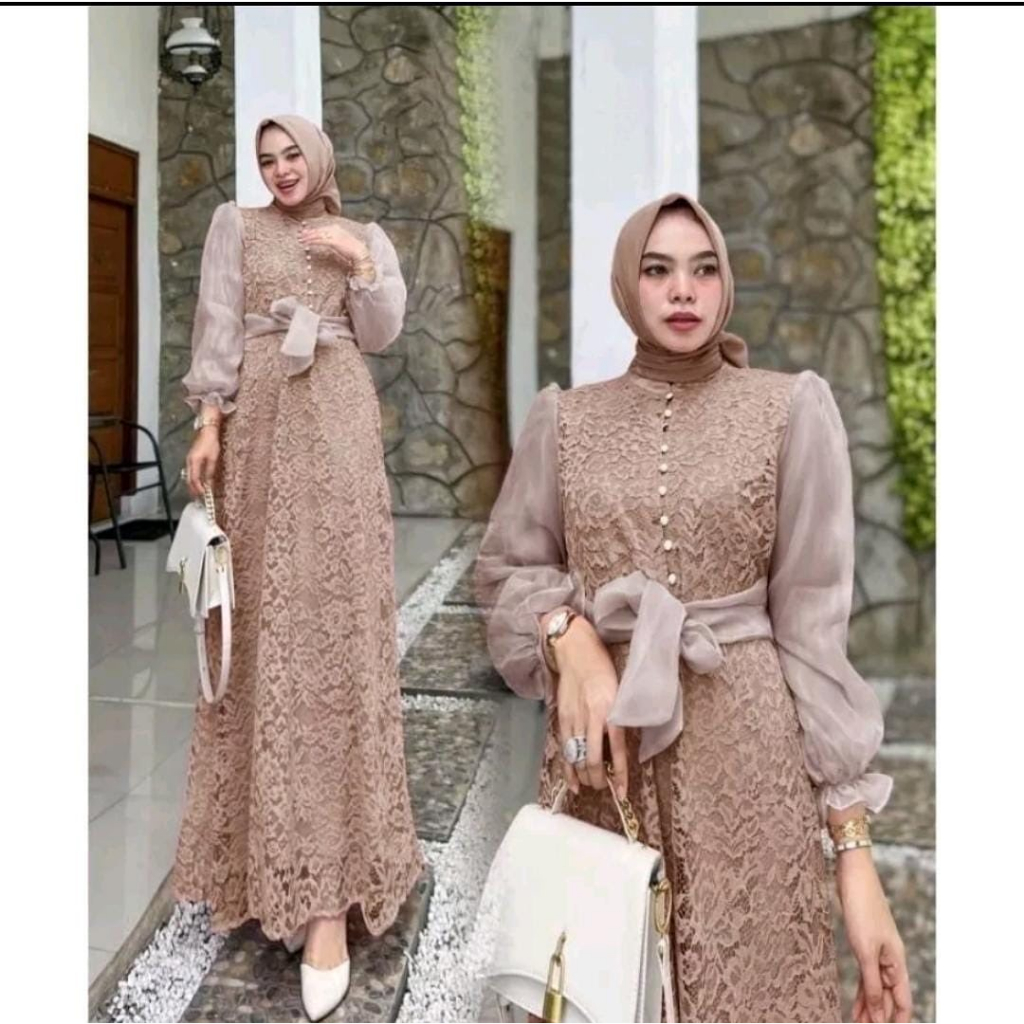 Gamis brukat kalayla dress / baju gamis pesta wanita terbaru / gamis kodanganan kekinian / gamis brukat tulang mix organza