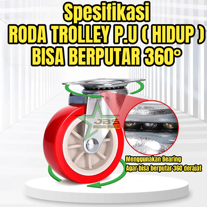 RODA TROLI PU MERAH 3 INCHI | MATI | HIDUP | HIDUP + REM