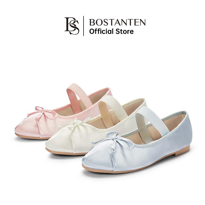 BOSTANTEN Sepatu Wanita Karet Elastis Ujung Bulat Desain Kasual Nyaman Elegan Warna Pink dan Putih 36-40