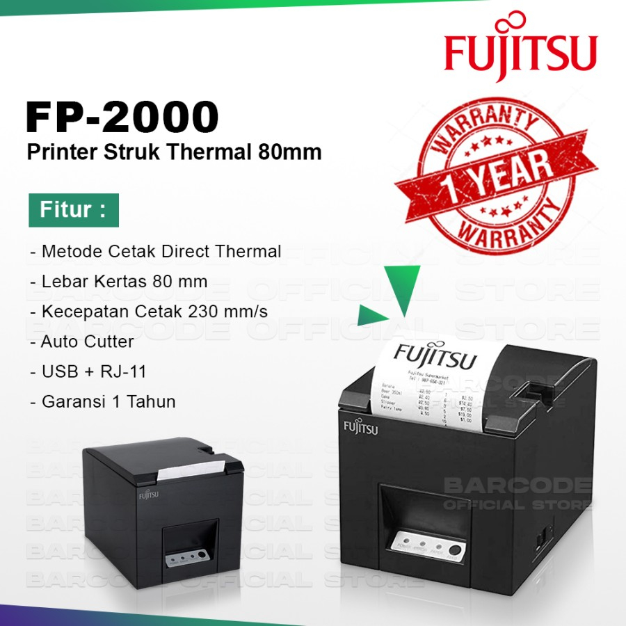 Fujitsu FP-2000 Direct Thermal Printer 50 58 80mm USB RJ11 203 DPI Auto Cutter