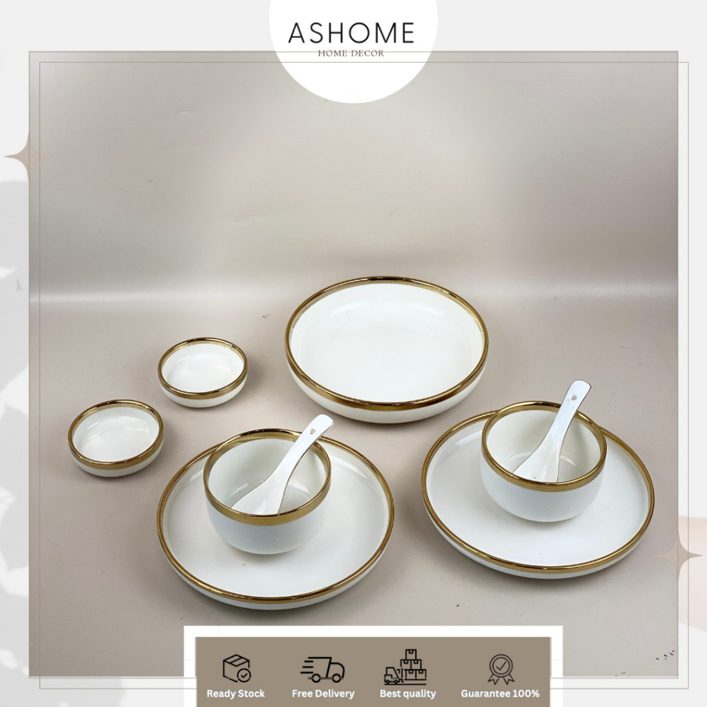 ASHOME Piring Set 2 Orang Piring Makan Set Keramik Putih Gold Isi 9 Pcs / Piring Set Keramik List Em