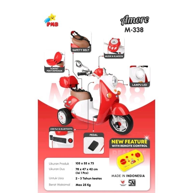 (FREE BUBBLE + PELAPIS BAN) MAINAN MOTOR AKI ANAK PMB SCOOPY NEW REMOTE M338 / M-338