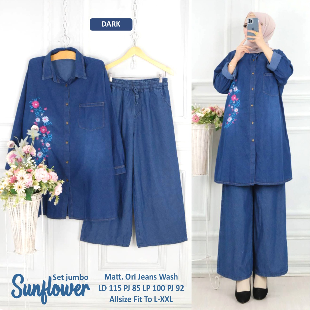Sunflower One Set Jeans Baju Setelan Wanita Bordir Bunga Ld 115 Oneset Kulot Kekinian Terbaru
