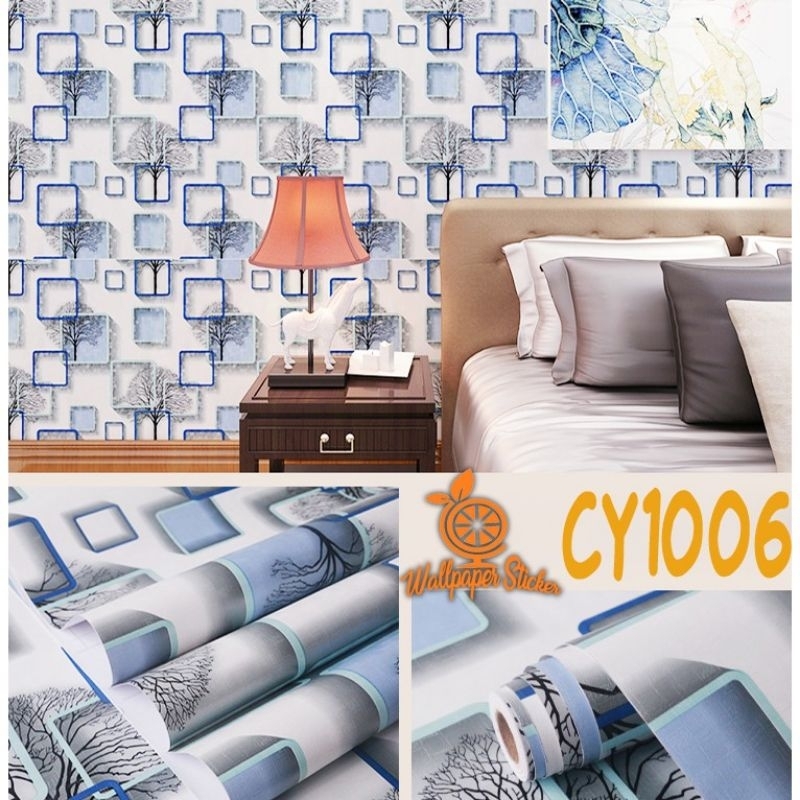Wallpaper Dinding Ruang Tamu Minimalis Wallpaper Dinding Kamar Tidur Motif Kotak Pohon Biru
