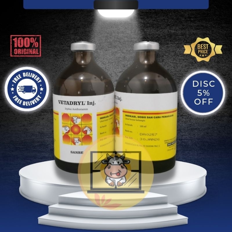 VETADRYL 100 ml l - Obat Antihistamin Hewan Sapi Kuda Domba Kambing Babi Anjing Kucing