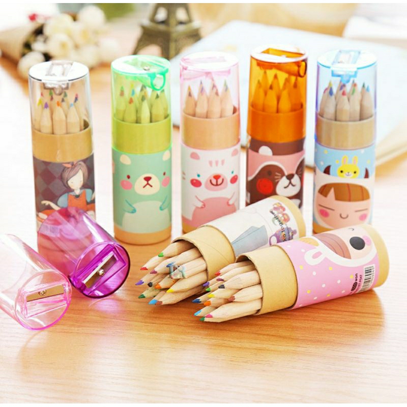 

Crayon Pencil Pensil Warna 12in1 + Serutan Karakter Kemasan Tabung Color Pencil Set 12 Warna Set Alat Gambar