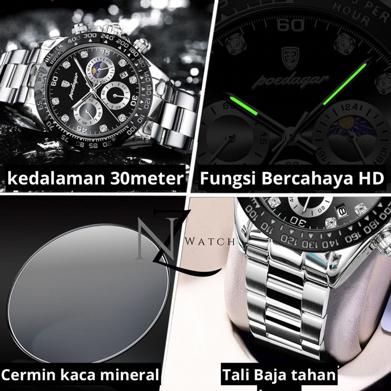 Jam Tangan Pria Anti Air Original Keren Hitam Luxury Chronograph Watch Men Multifungsi Zn006