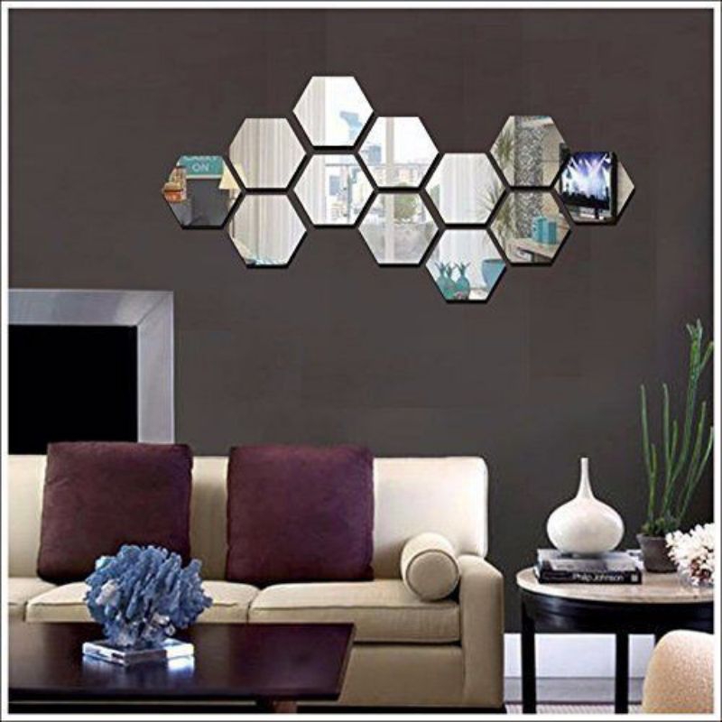 kaca cermin hexagonal. hiasan dinding ruang tamu aesthetic dekorasi rumah