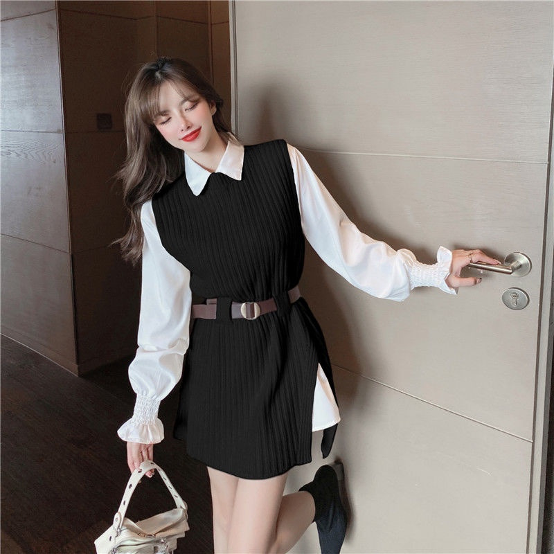 FW23-19705 Terusan Wanita. Women's Knit Slit Vest and Lapel White Long Shirt Dress