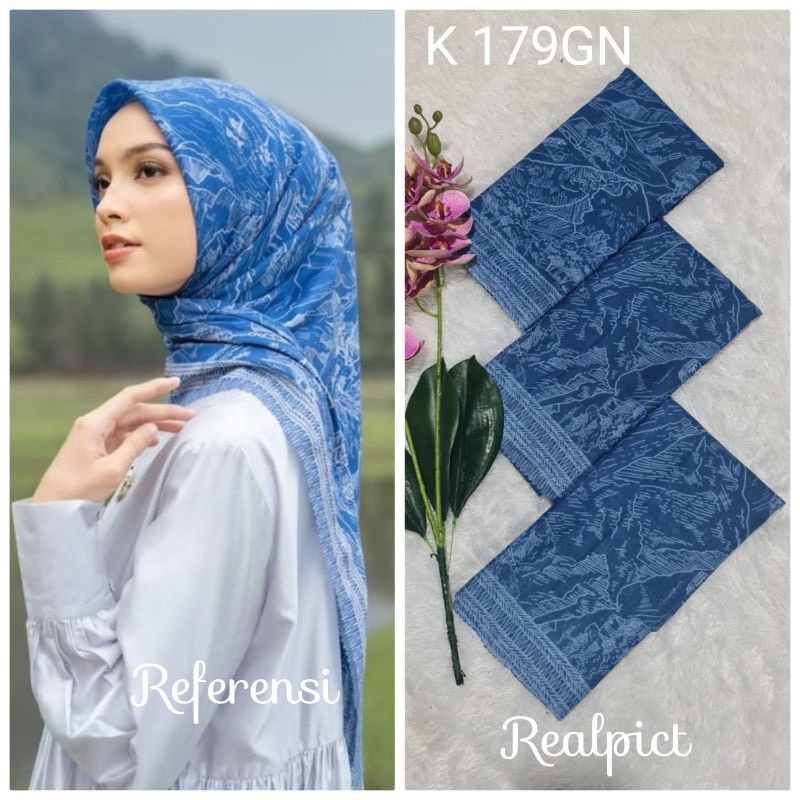 Promo Hijab Segi Empat Voal Motif Scene Warna Biru Jilbab Terbaru