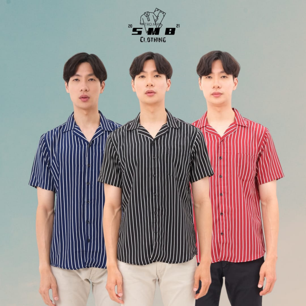 Kemeja Salur Pria V Stripe Lengan Pendek Cowok Premium Kemeja Hem Distro
