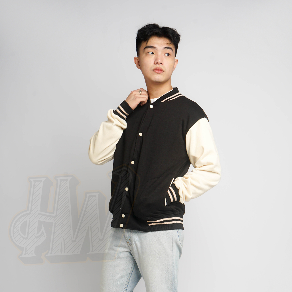 Basebal Varsity Kancing Jaket Baseball Varsity Kancing Hitam Tangan Cream Polos Unisex Pria Wanita K