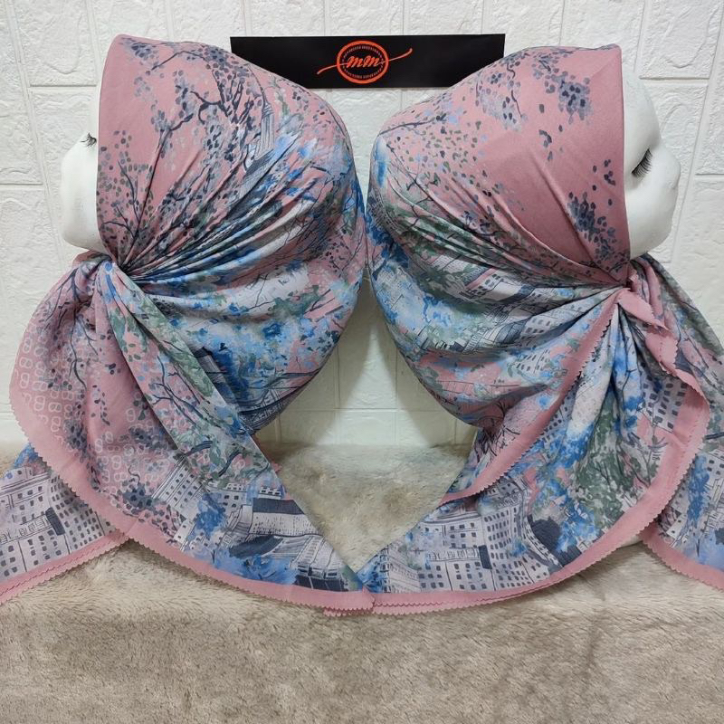 Promo Hijab Segi Empat Voal Motif Sakura New York Warna Peach Kerudung Jilbab Terbaru