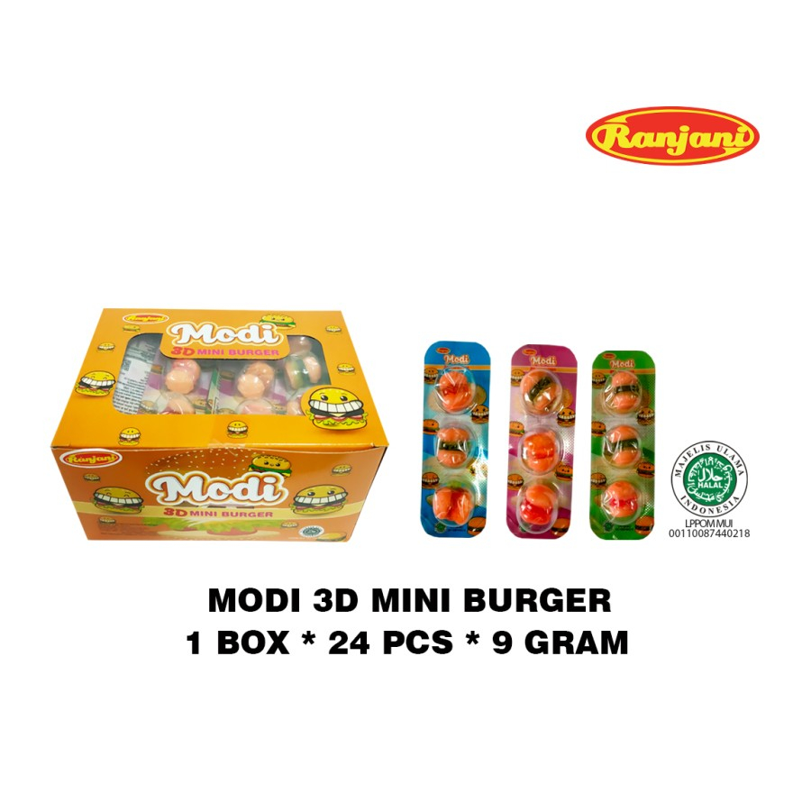 

PERMEN GUMMY MODI RANJANI MINI BURGER ANEKA RASA 1 BOX * 24 PCS